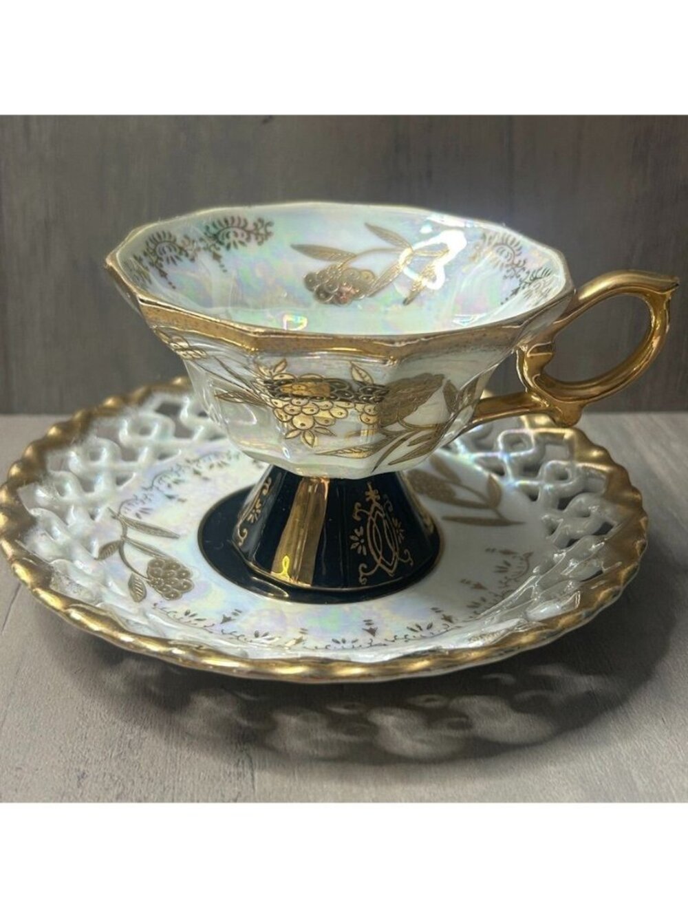 Vintage Royal Sealy China Japan Iridescent Black w/ Gold Trim Cup & Saucer Set